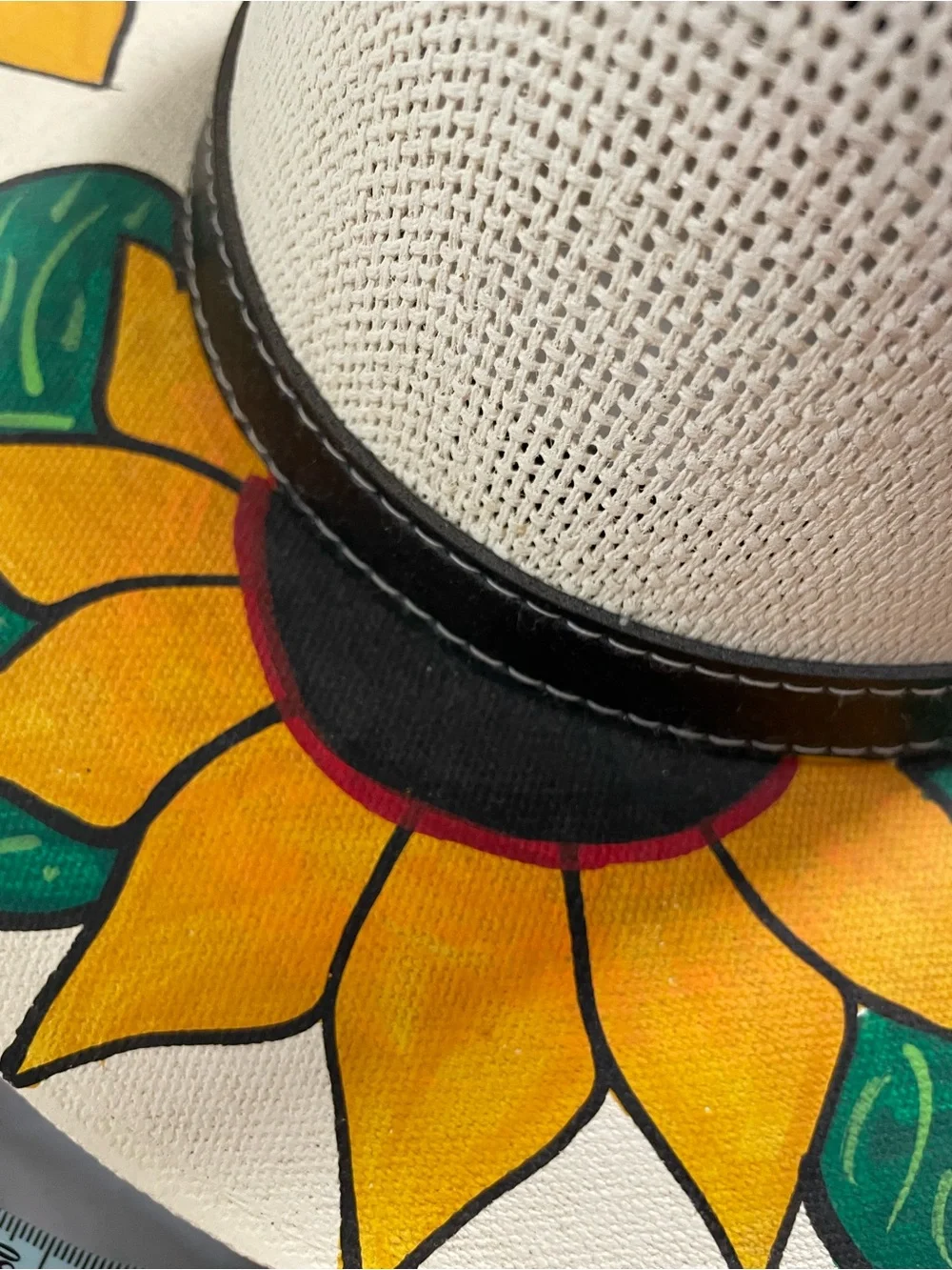 MX Mexico cream woven straw fedora hat black band hand painted sunflowers MEDIUM